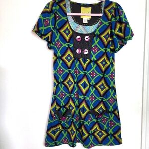 LuLu Via Tunic Blue Yellow Graphic Design Pockets Women's Mini Dress Size L
